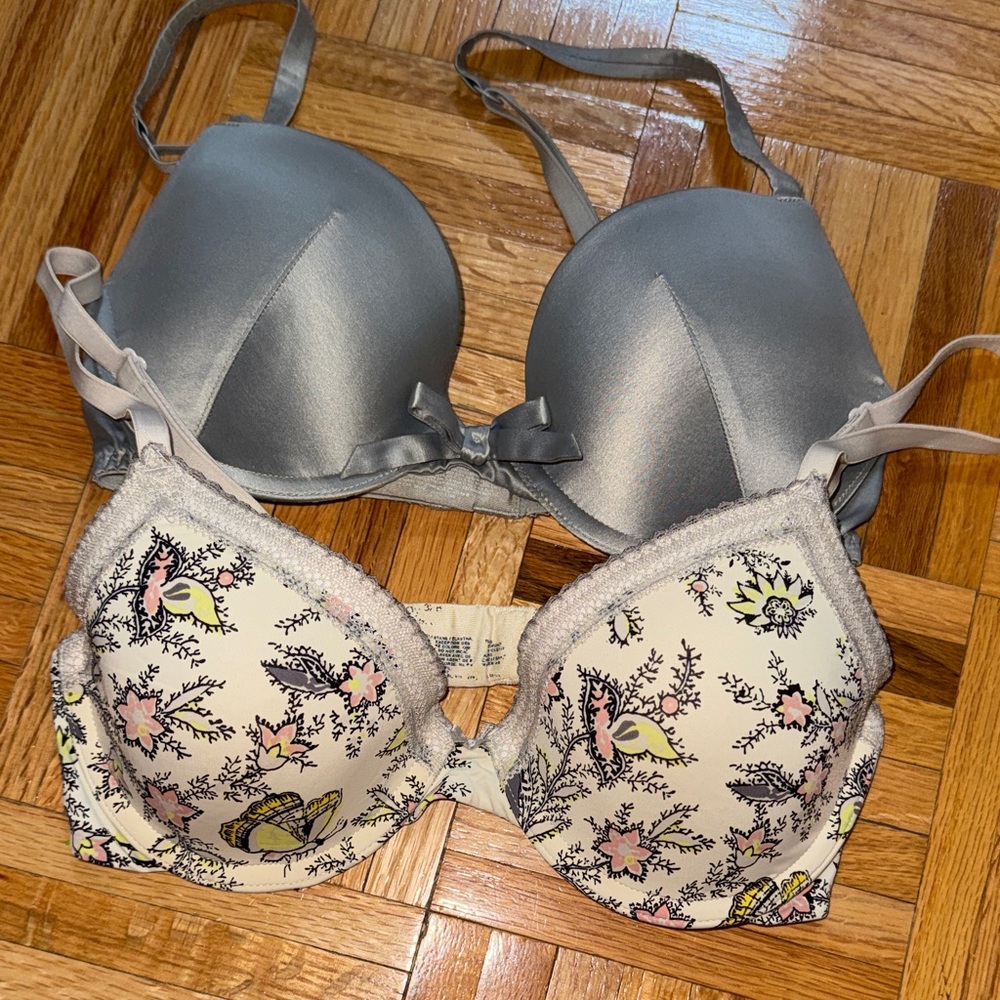 Elegant Gray and Floral Print Bra Set